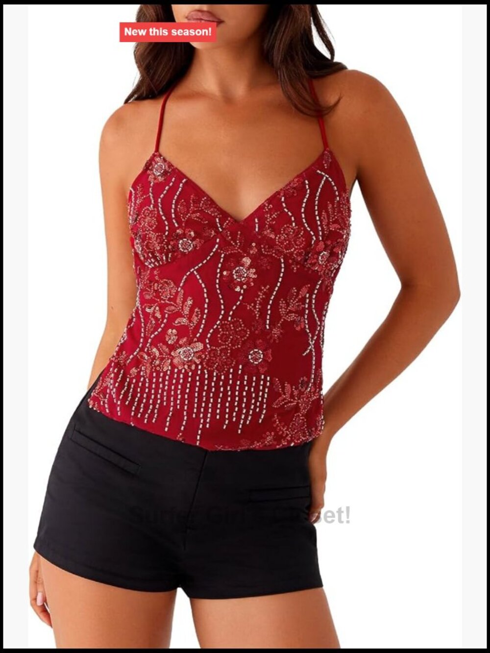 Women Sequin Beaded Cami Top V Neck Backless Criss Cross Straps Crop Tops